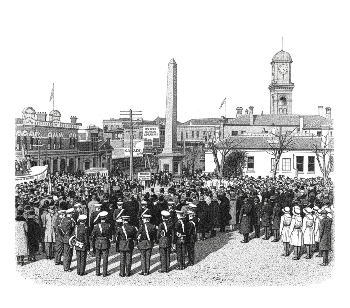 1932 memorial service at the Benvenue Monument The Alexandra lifeboat is visible in background Illustration based on South Canterbury Museum photo 1456