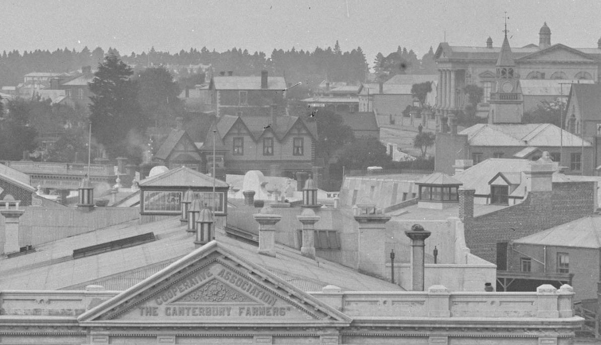 Section of photograph of corner of Barnard and George Streets Timaru New Zealand by Muir and Moodie Te Papa 014369