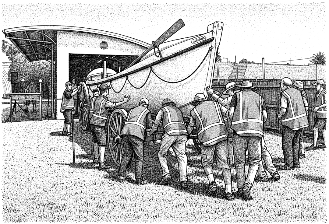 The club members of Timaru Host Lions push the lifeboat into its new home