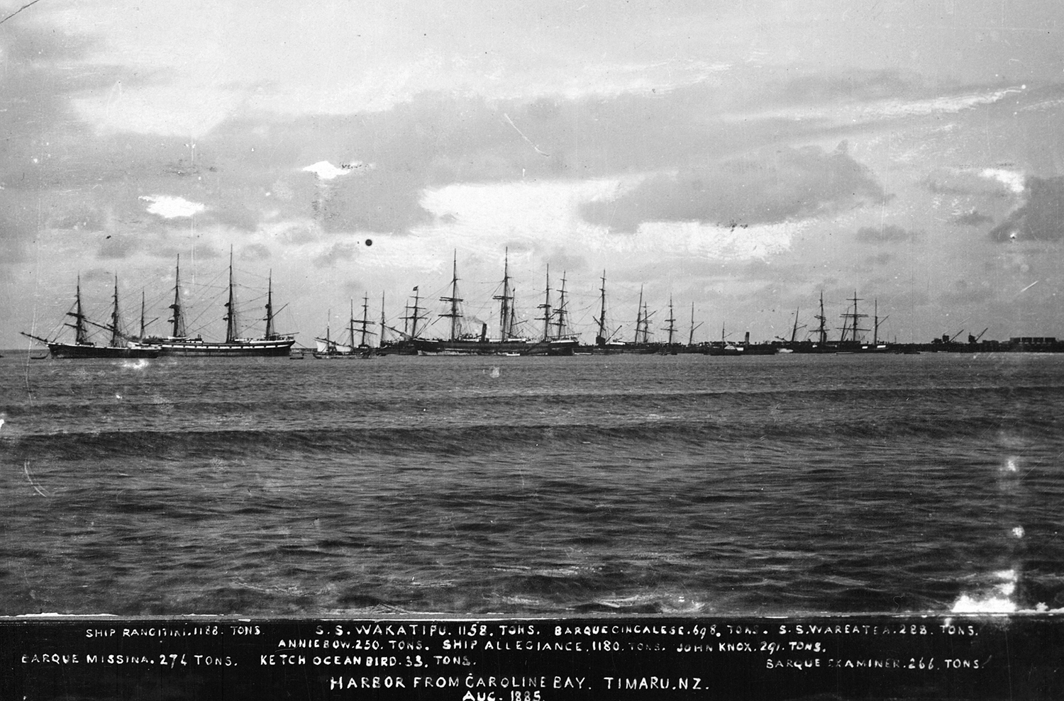 TIMARU HARBOUR. photograph (1885).  Brodie Collection, La Trobe Picture Collection, State Library of Victoria. Record ID 9917361153607636. This work is out of copyright