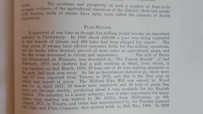 Flax Milling in the South Canterbury Jubalee History Book 1916