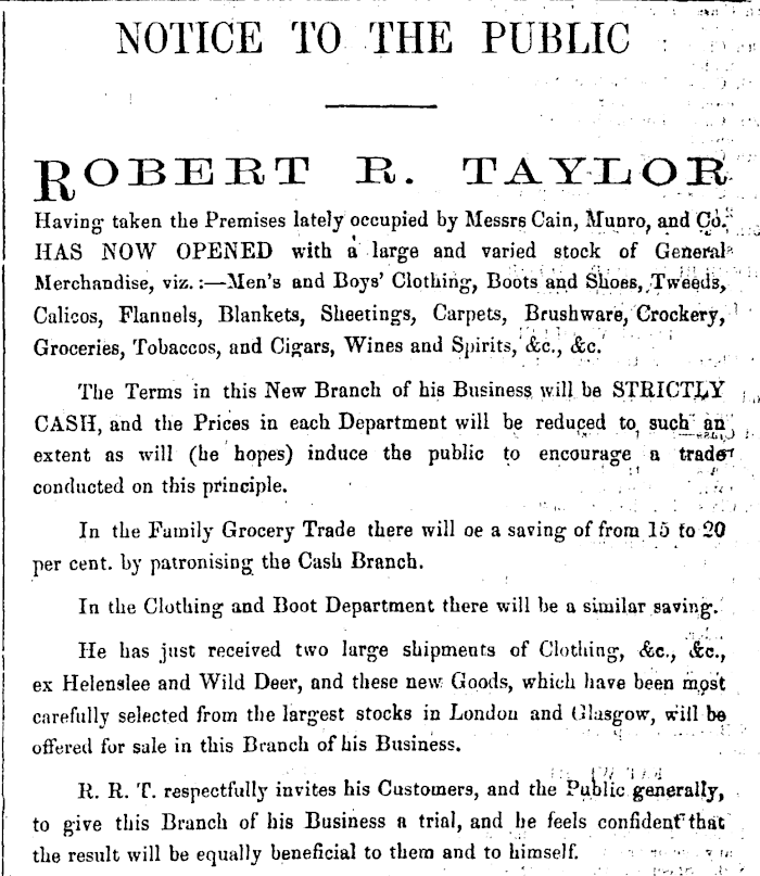 Notice Robert R Taylor has opened a general merchandise