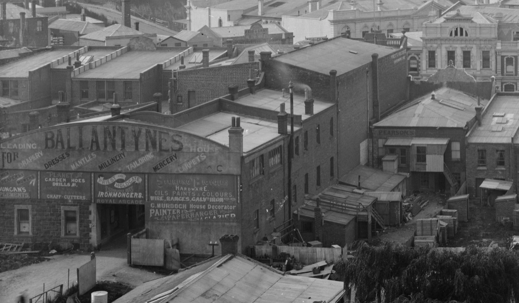 Priest and Holdgate Timaru from Post Office Tower looking seaward c 1904 by Muir Moodie. Te Papa C 014399