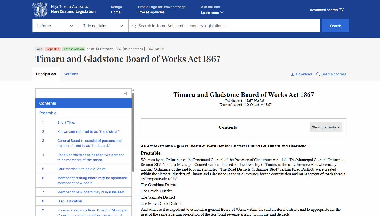 Timaru Gladstone Board of Works Act