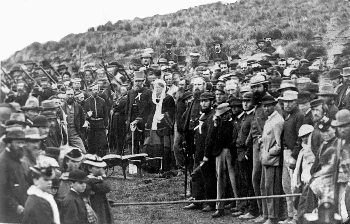 Turning the first sod of the Temuka to Timaru railway 1871 Alexander Turnbull Library Reference 12 020116 F