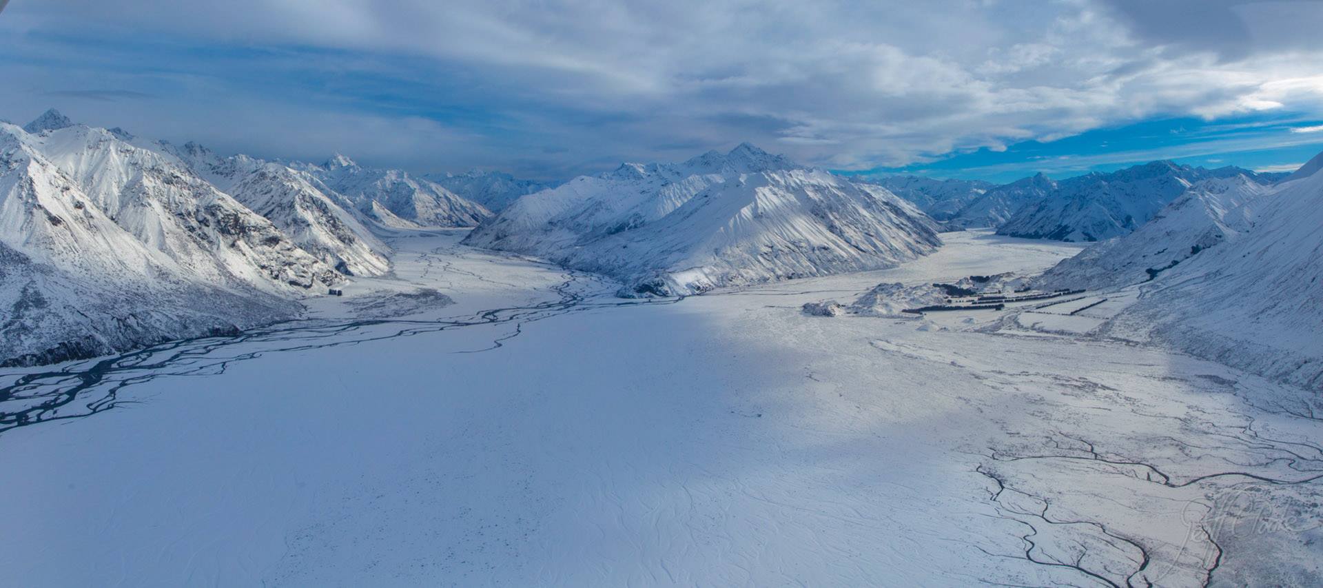 Upper Rangiata looking up the Havelock and Clyde Rivers Erewhon Station to the right Mesopotamia just off to the left Photography By Geoff Cloake June 2013 copyright