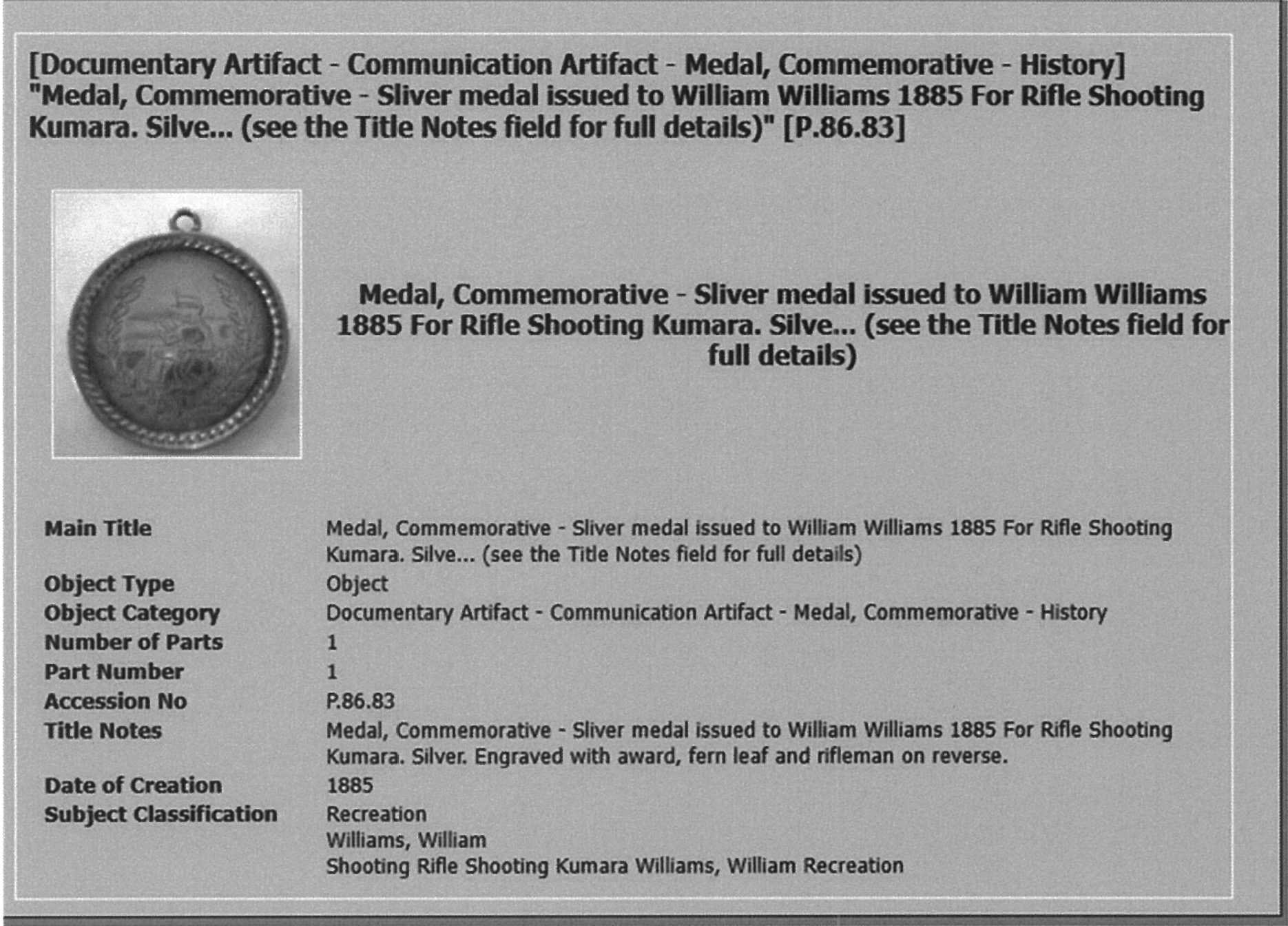 Catalogue records William Williams Medal and Cup 1