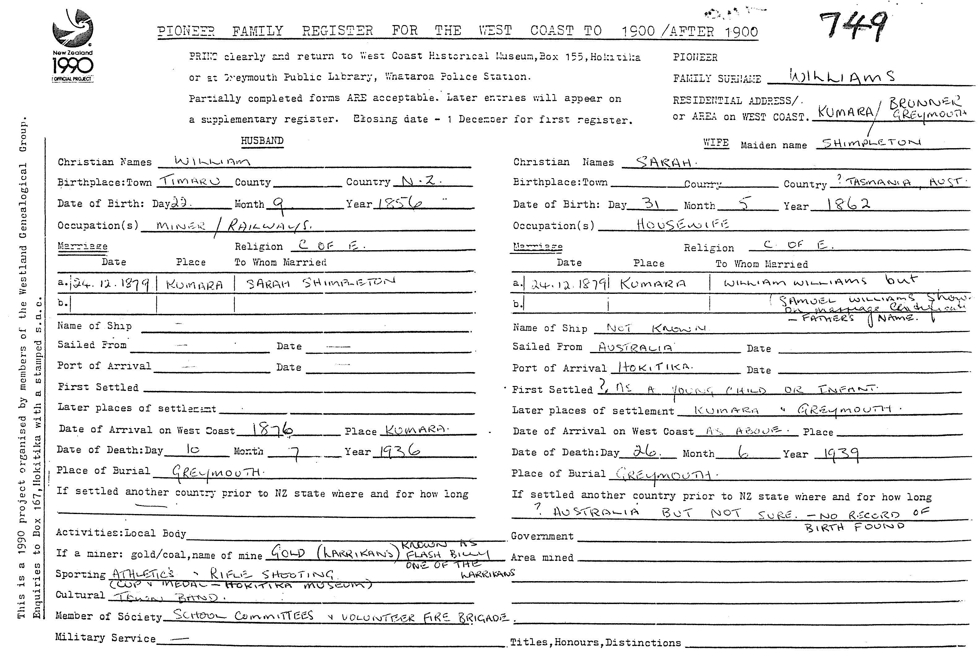 PFI 749 William Sarah Williams 1