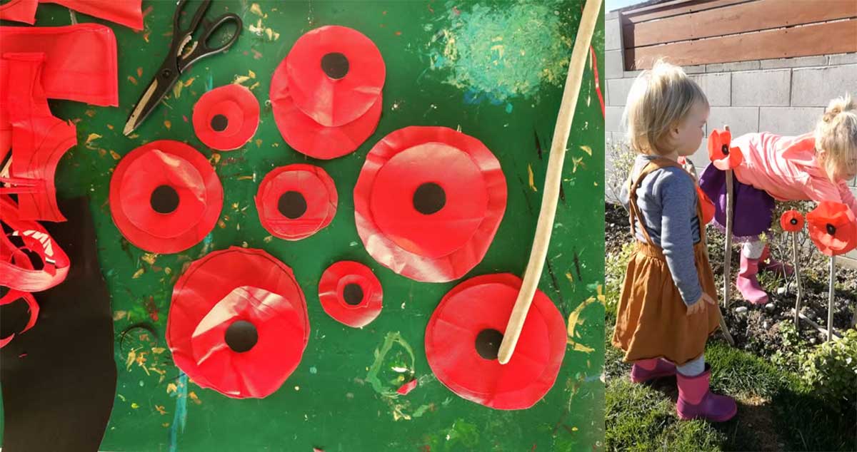 poppies out of a red shopping bag