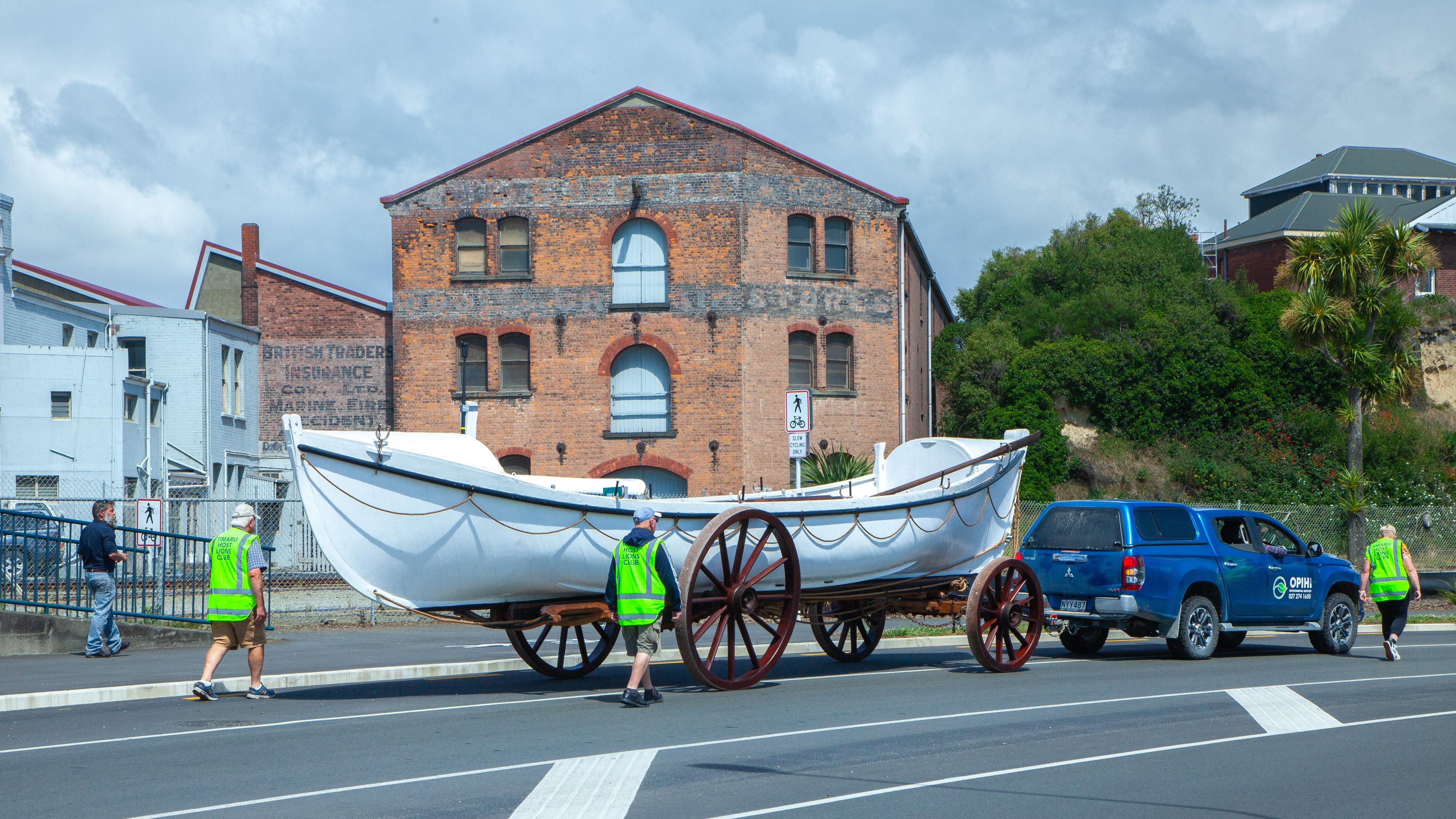 the lifeboat returning to the bay in 2025 going past the historic Miles Archer and Co property. This is very close to the shed that originally housed the lifeboat photo Geoff Cloake